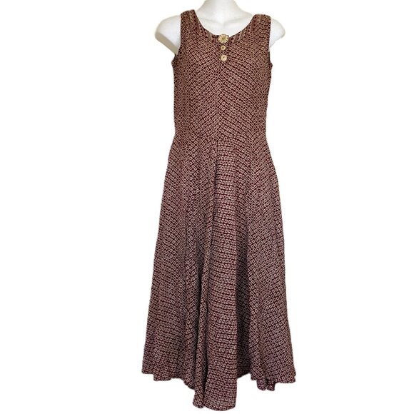 Le Chateau Sleeveless Midi Dress Tie-Back Red/Beige Made in India Vintage 90s - Picture 2 of 11